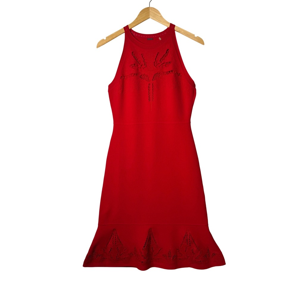 Red Halter Sweater Dress Lace Trim Elie Tahari‎ Womens Size Small Chic Elegant